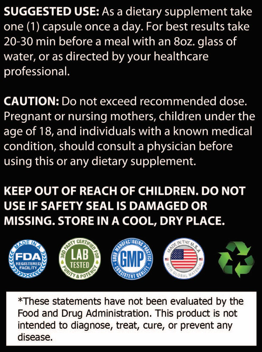 Supplement label with text, logos, and instructions on a black background