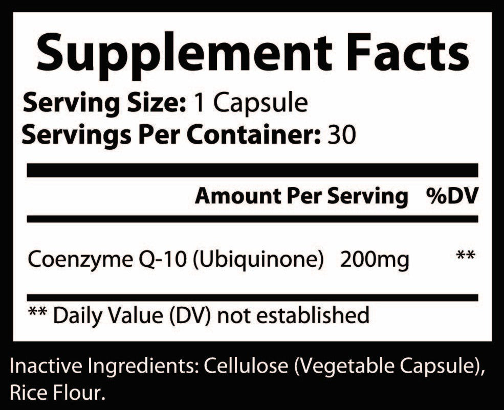 Supplement facts label for a capsule containing Coenzyme Q-10 with serving size and container information.