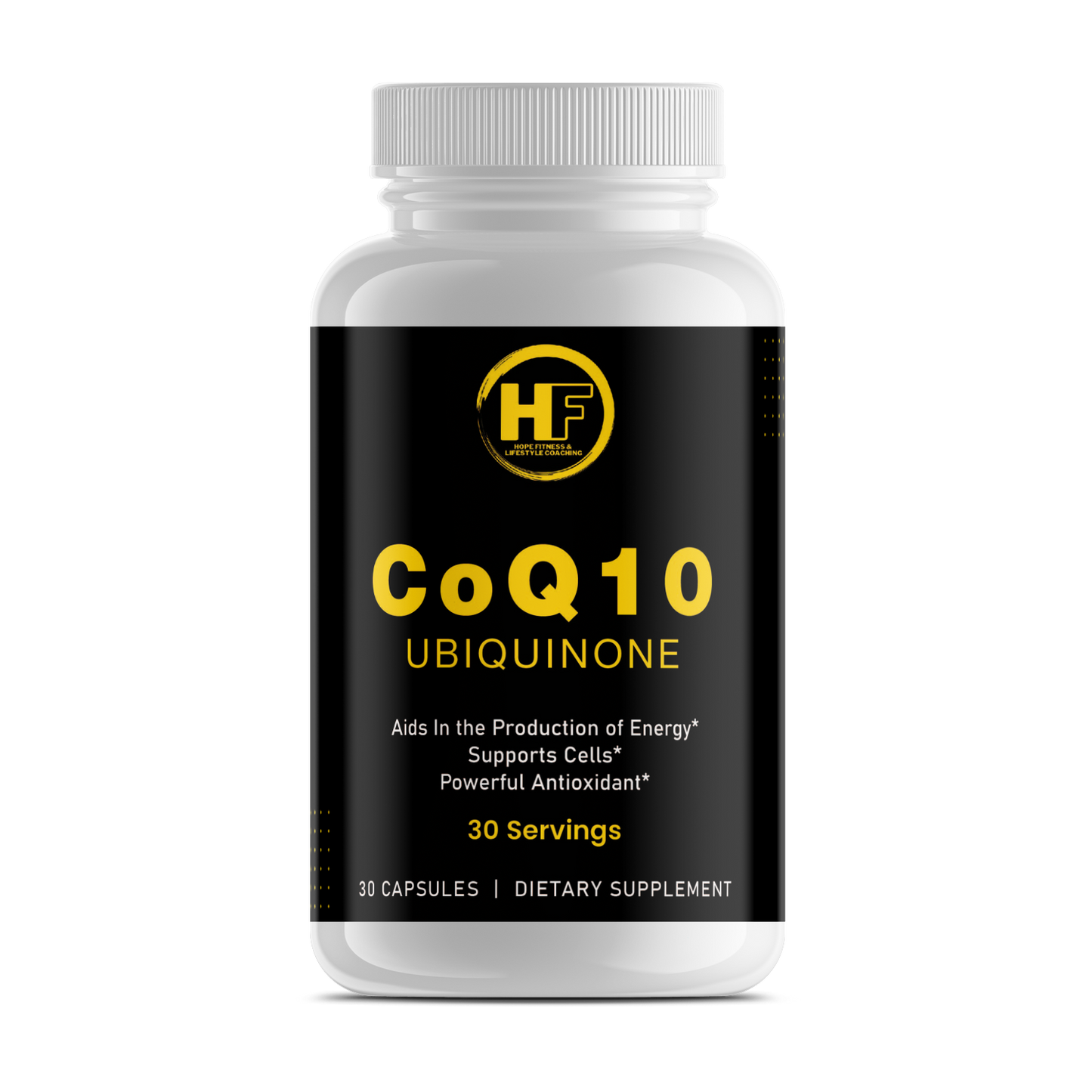 Supplement bottle labeled 'CoQ10 Ubiquinone' with a white cap on a white background