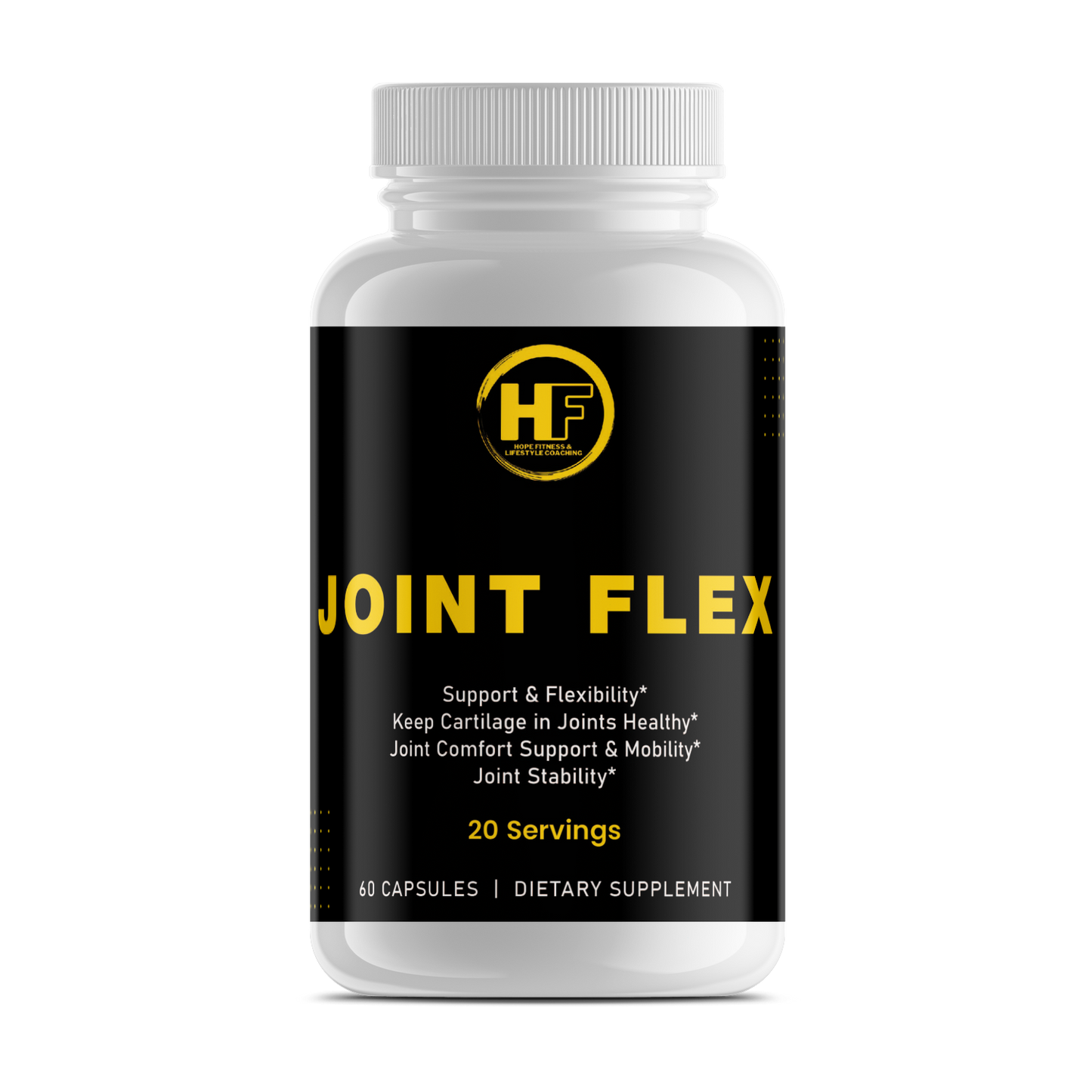 Supplement bottle labeled 'Joint Flex' with a white cap on a white background