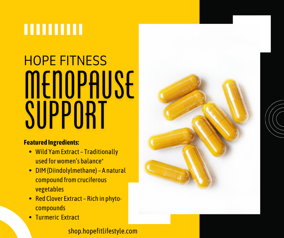 Menopause support supplement capsules with product description on a yellow and white background