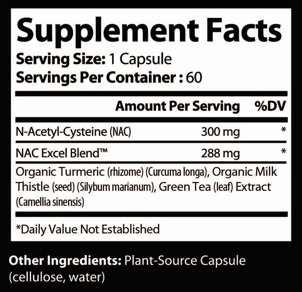 Supplement facts label with N-Acetyl-Cysteine and other ingredients on a white background