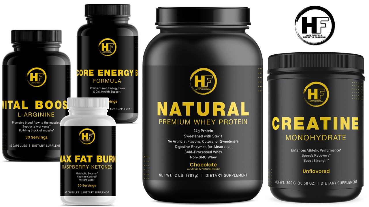 HOPE Fitness Weight loss Pack - Chocolate Whey, Max Fat Burn Raspberry Ketones, Creatine Monohydrate, Vital Boost L-Arginine, Core Energy B Complex