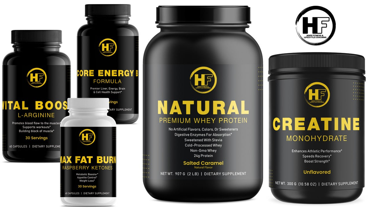 HOPE Fitness Weight loss Pack - Salted Caramel Whey, Max Fat Burn Raspberry Ketones, Creatine Monohydrate, Vital Boost L-Arginine, Core Energy B Complex
