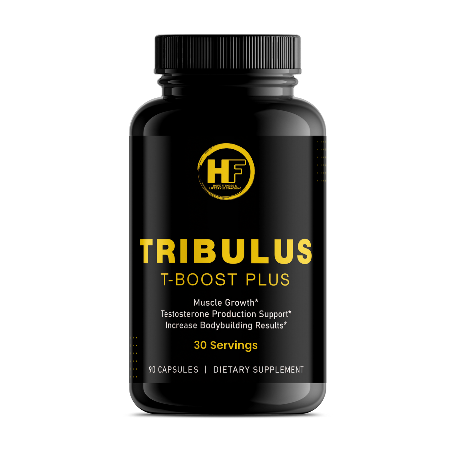 Black supplement bottle labeled 'TRIBULUS T-BOOST PLUS' with yellow text on a white background