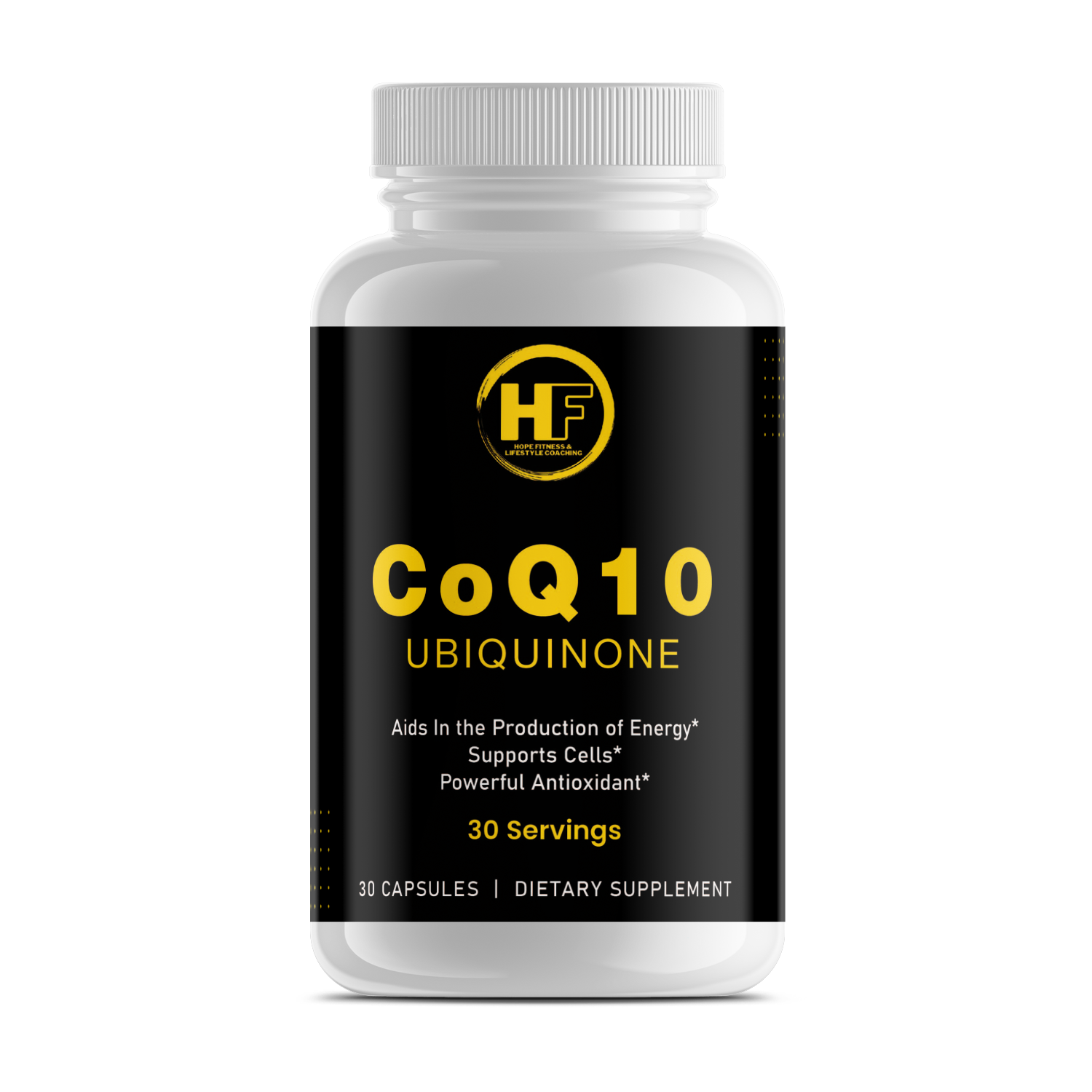 Supplement bottle labeled 'CoQ10 Ubiquinone' with a white cap on a white background