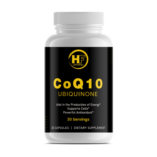 Supplement bottle labeled 'CoQ10 Ubiquinone' with a white cap on a white background