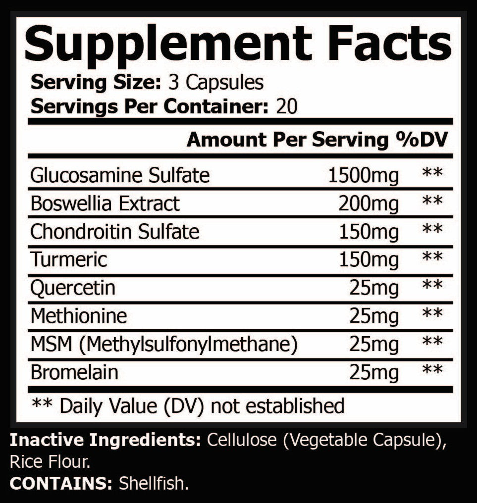 Supplement facts label with various ingredients and their amounts per serving.