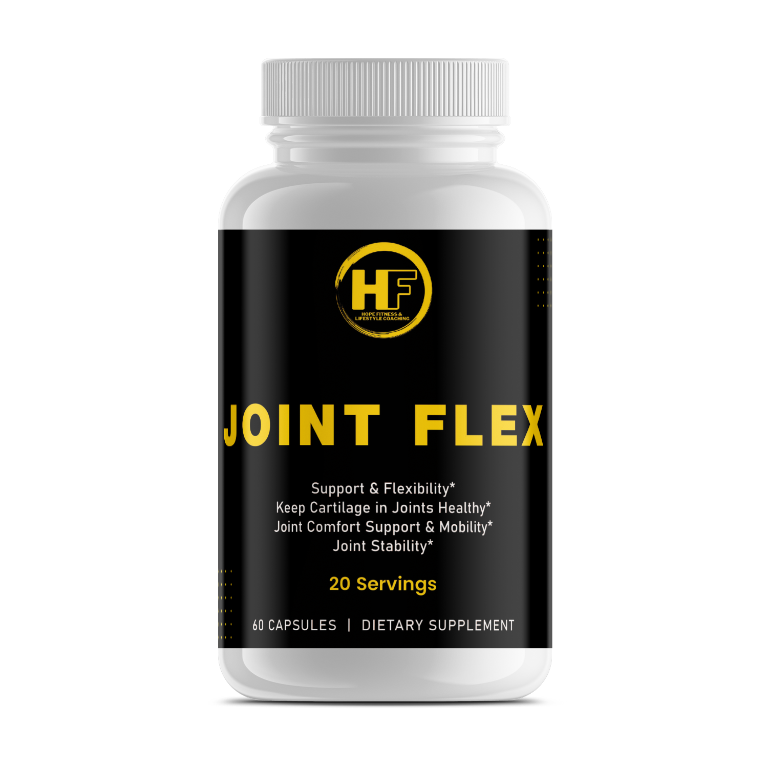 Supplement bottle labeled 'Joint Flex' with a white cap on a white background