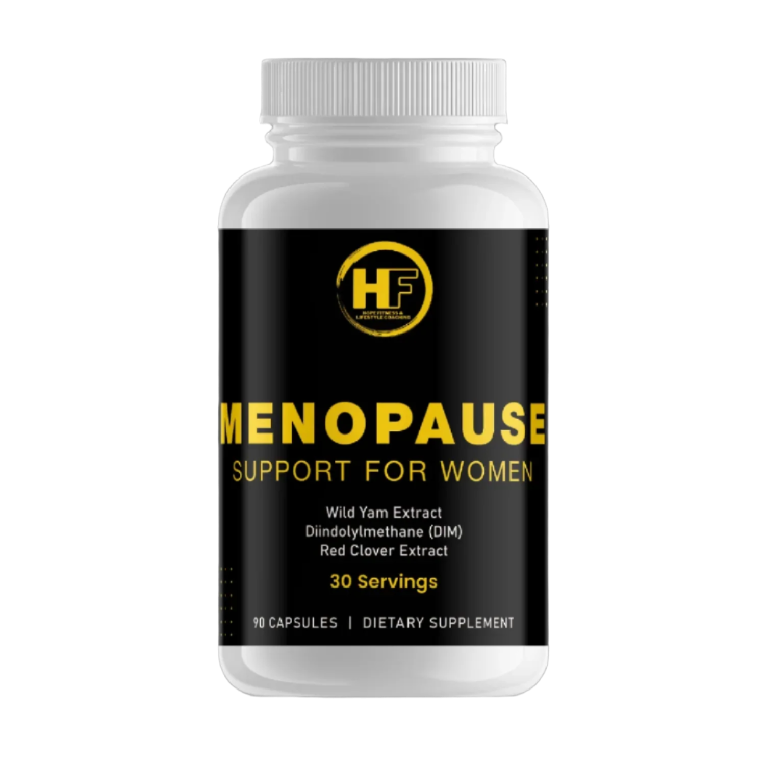 Supplement bottle labeled 'Menopause Support for Women' with a white cap on a white background