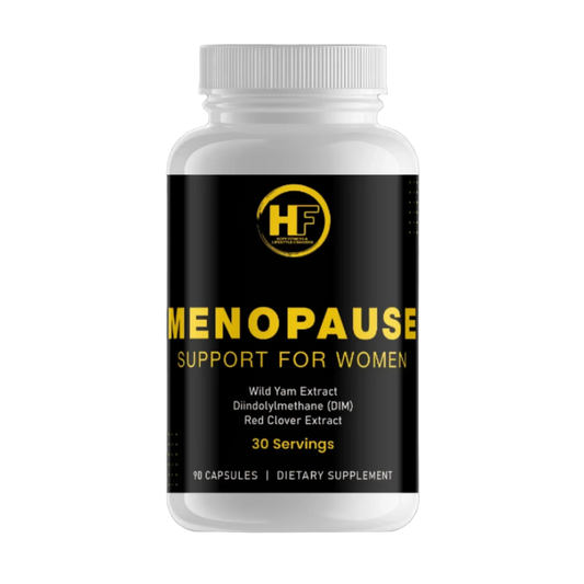 Supplement bottle labeled 'Menopause Support for Women' with a white cap on a white background