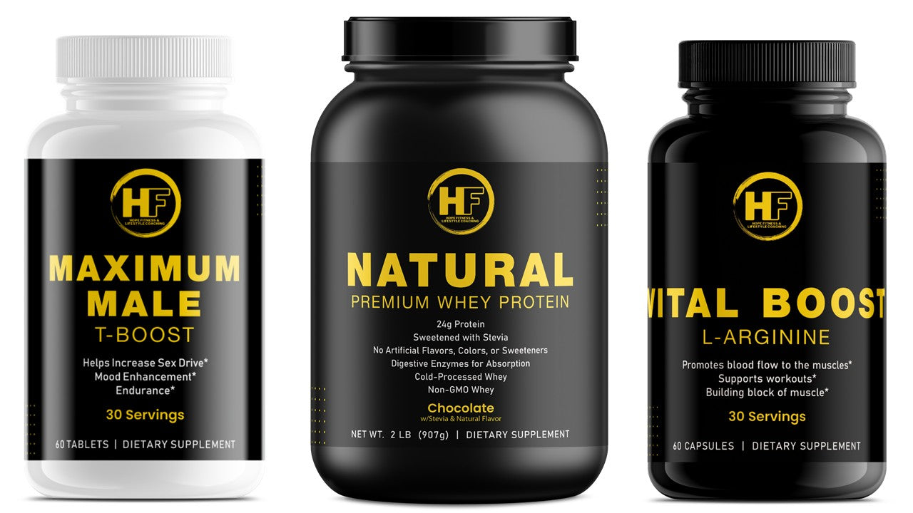 HOPE Fitness Men's Mojo Pack - Chocolate whey, Vital Boost L-Arginine, Maximum Male T-Boost