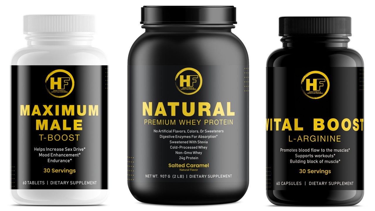 HOPE Fitness Men's Mojo Pack - Salted Caramel whey, Vital Boost L-Arginine, Maximum Male T-Boost