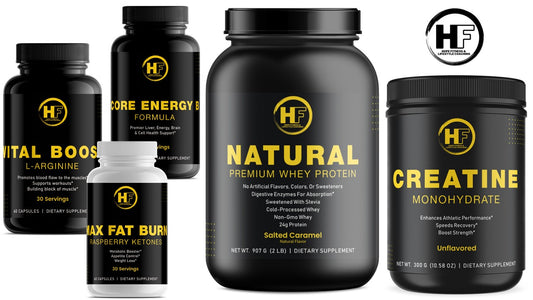 HOPE Fitness Weight loss Pack - Salted Caramel Whey, Max Fat Burn Raspberry Ketones, Creatine Monohydrate, Vital Boost L-Arginine, Core Energy B Complex