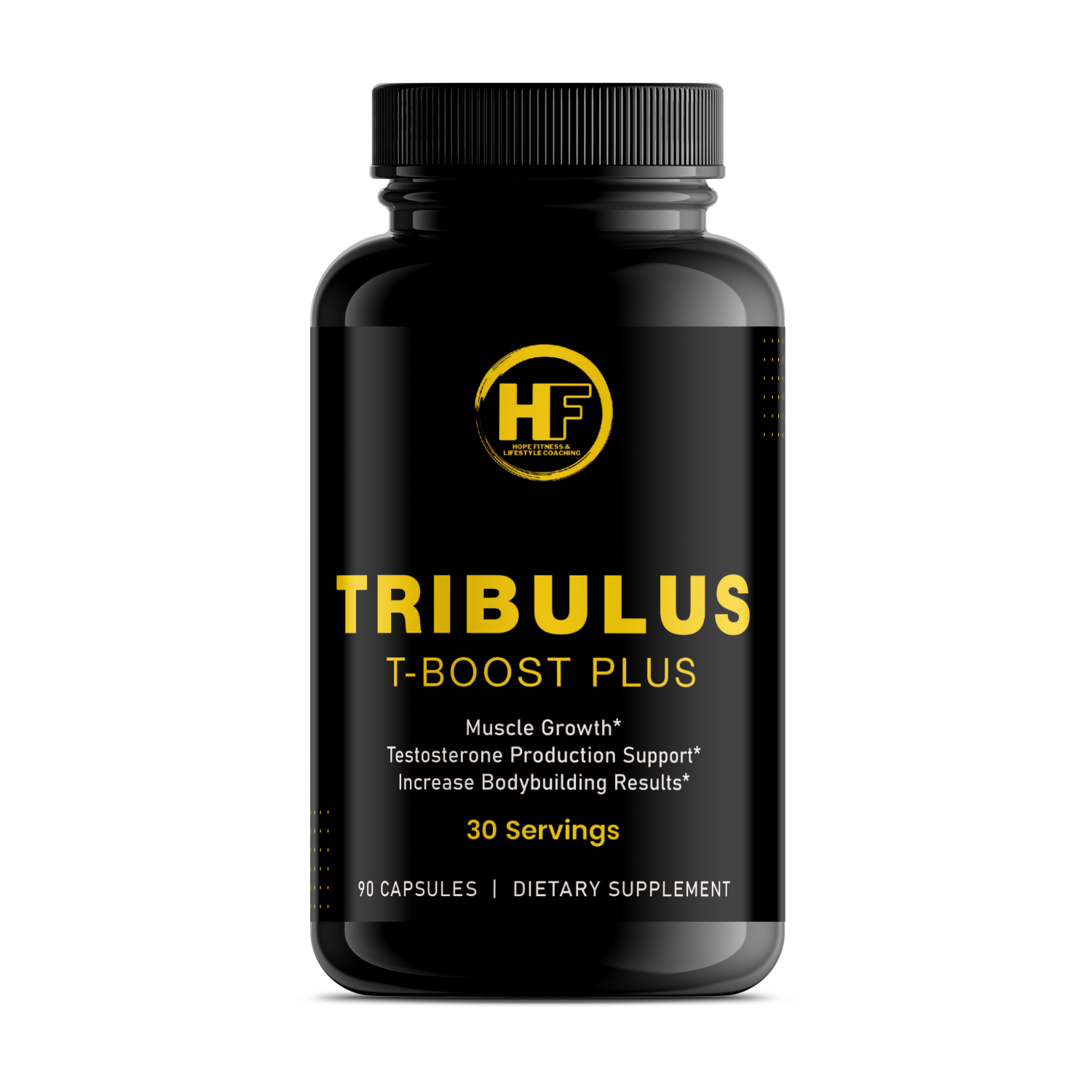 Black supplement bottle labeled 'TRIBULUS T-BOOST PLUS' with yellow text on a white background