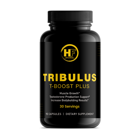 Black supplement bottle labeled 'TRIBULUS T-BOOST PLUS' with yellow text on a white background