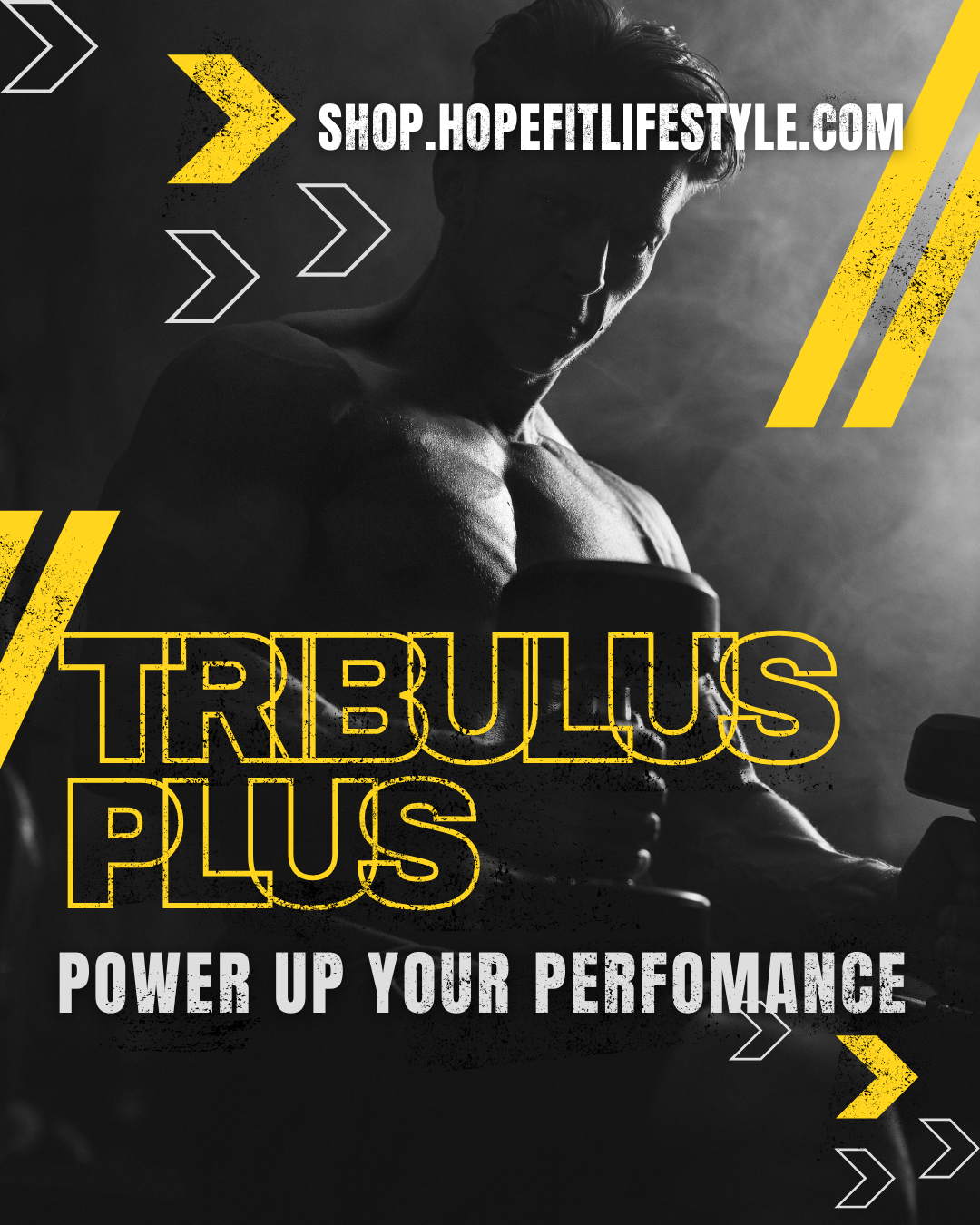 Advertisement for Tribulus Plus with a muscular person and promotional text on a dark background
