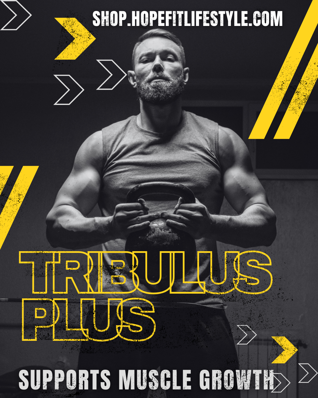 Advertisement for Tribulus Plus with a man holding a container, set against a dark background with yellow accents.
